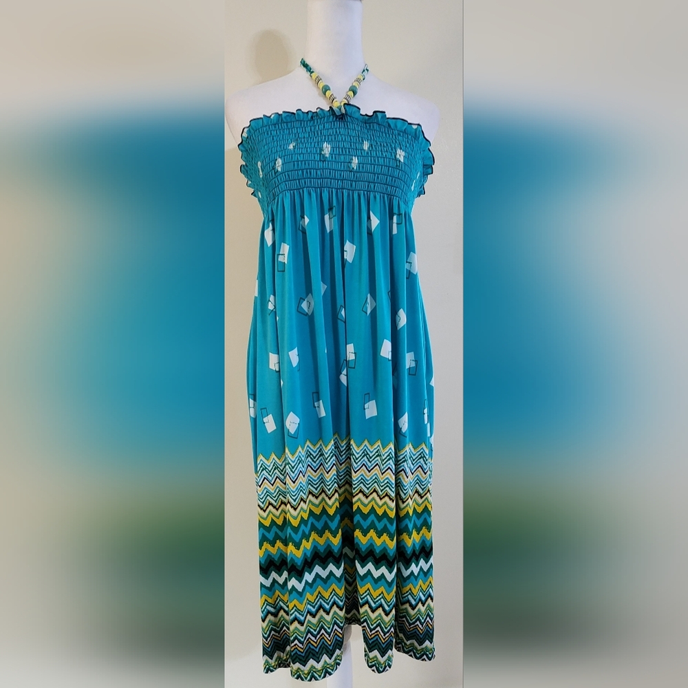 Vintage Beaded Halter Neck Aztec Print Dress Maxi Skirt Beach Cover-up L/XL